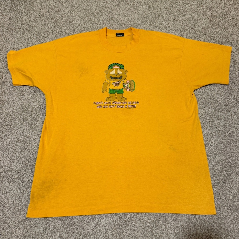 VTG 90s USA XL Fruit of the Loom BEST Skate Graphic T-Shirt Yellow Single Stitch